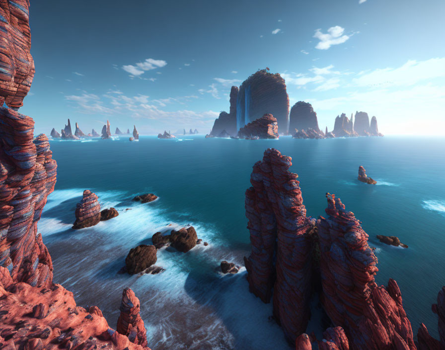 Tranquil Seascape with Red Rock Formations and Blue Waters