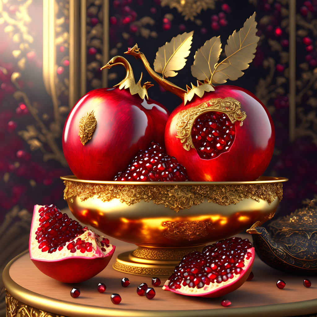 Ornate Golden-Rimmed Pomegranates on Luxurious Table