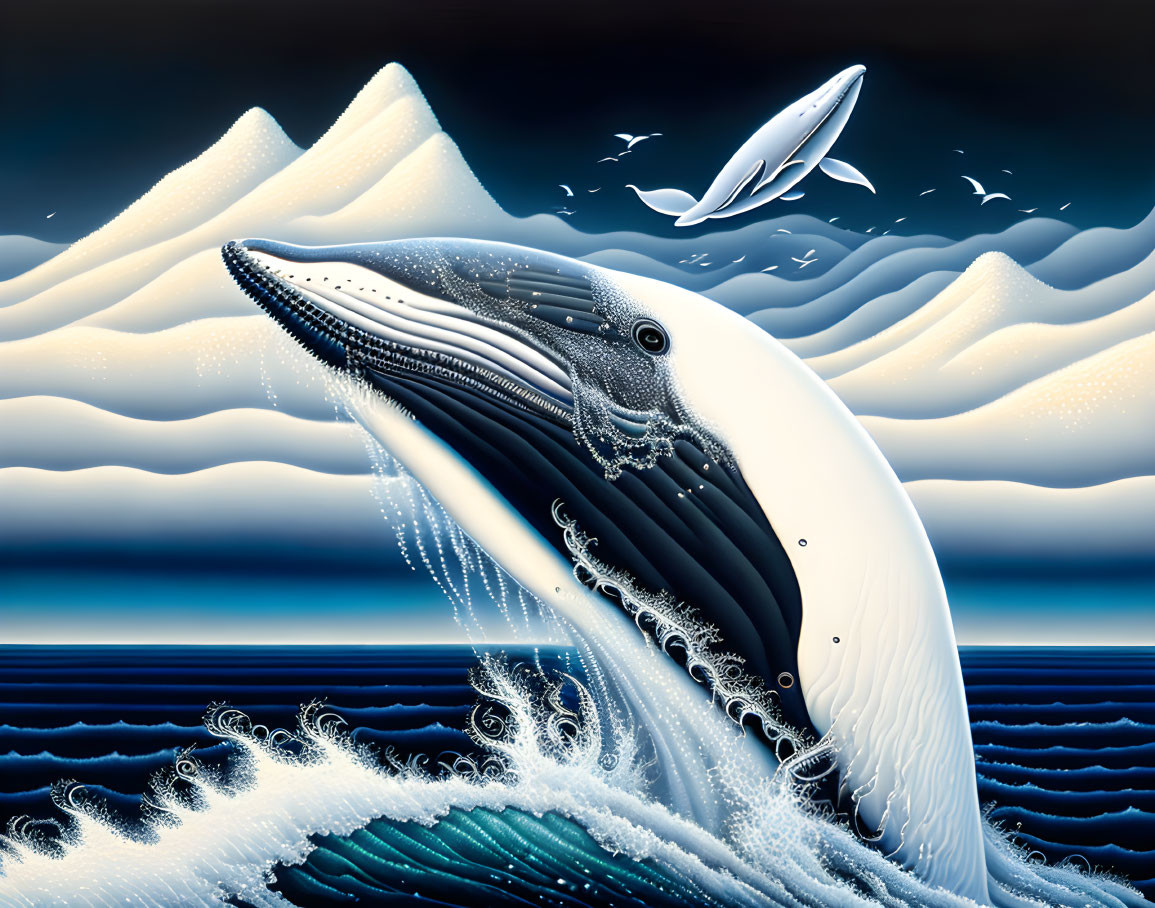 Stylized illustration of breaching humpback whale in surreal landscape