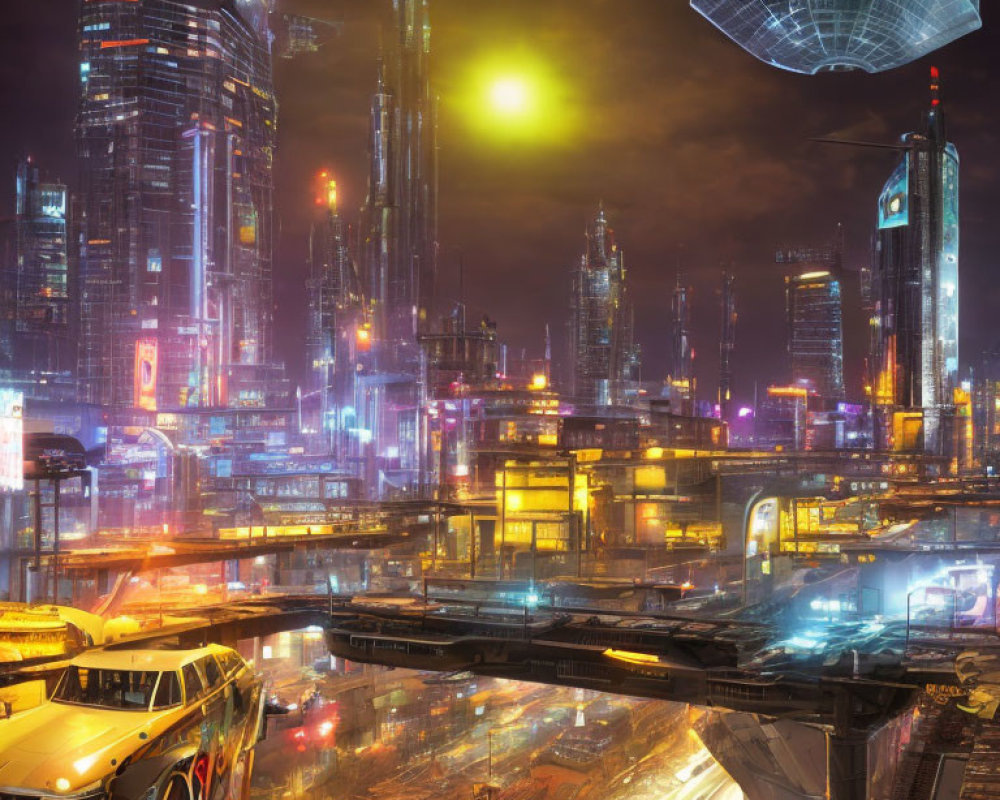 Futuristic cityscape at night with neon lights and skyscrapers