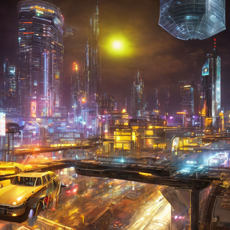 Futuristic cityscape at night with neon lights and skyscrapers