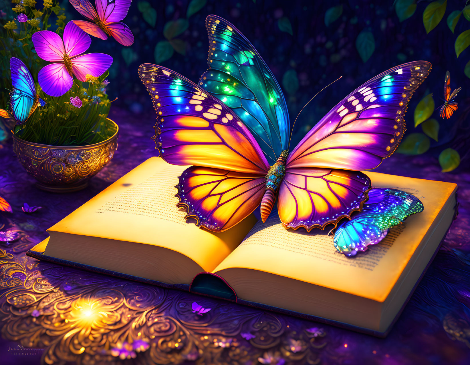 Colorful butterflies on book with mystical backdrop of flowers and foliage