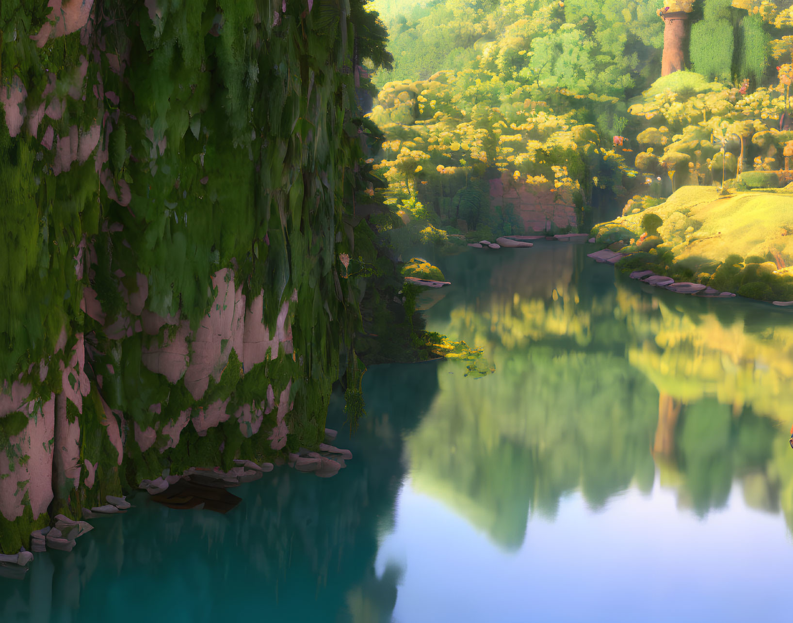 Tranquil River Landscape with Greenery and Cliffs