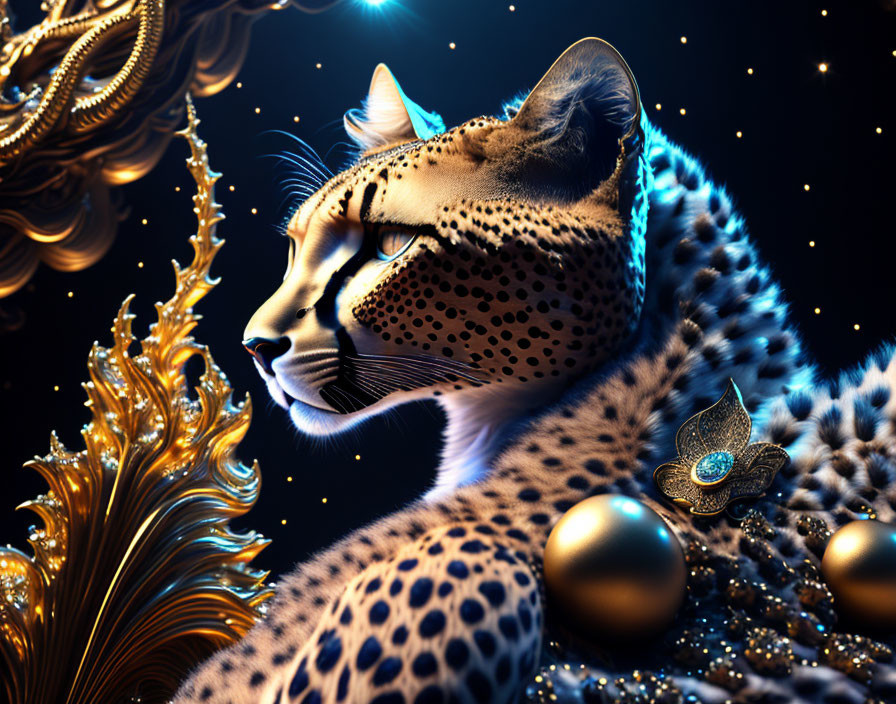 Majestic cheetah digital art with gold ornaments on cosmic backdrop