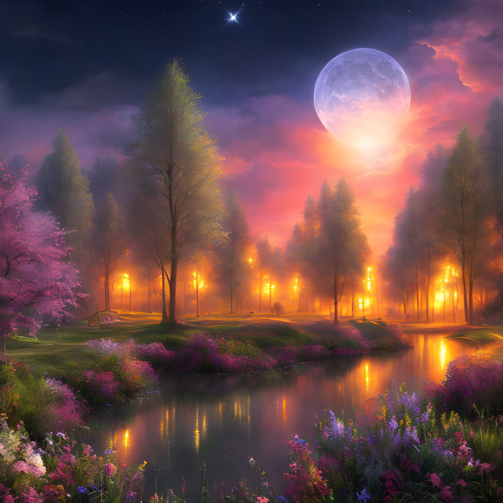 Twilight landscape with full moon, illuminated trees, serene river, blooming flowers, purple and orange