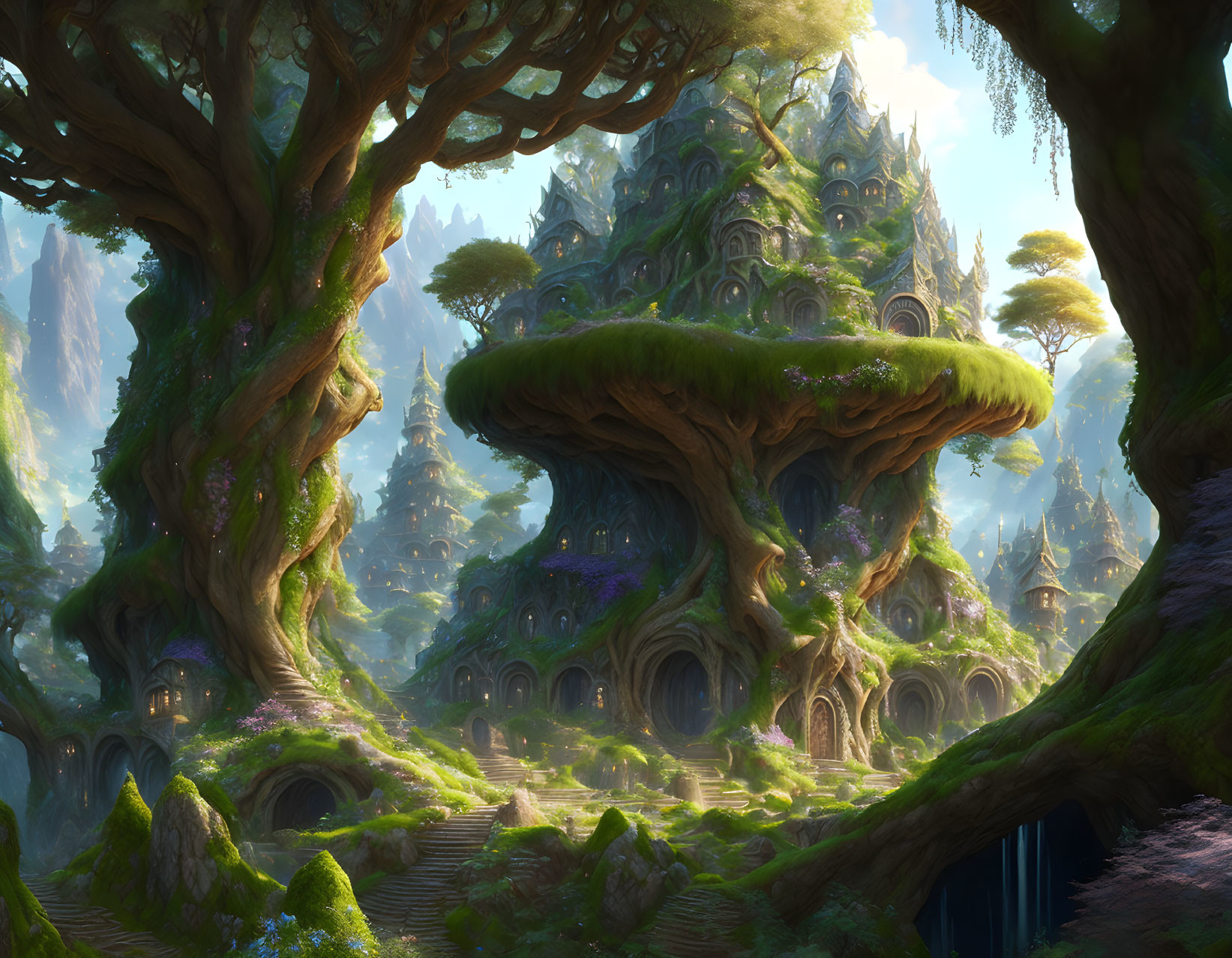 Majestic Fantasy Forest Landscape with Elven Treehouses