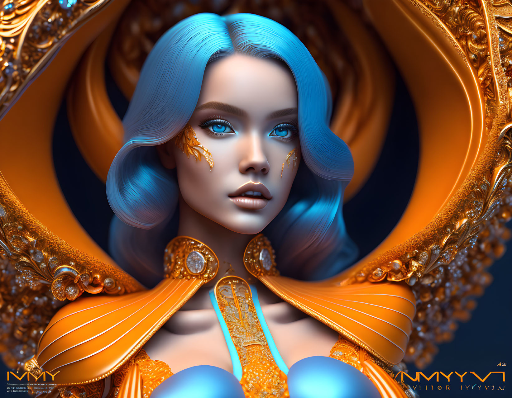 Blue-skinned woman with golden headpiece and attire in digital art.