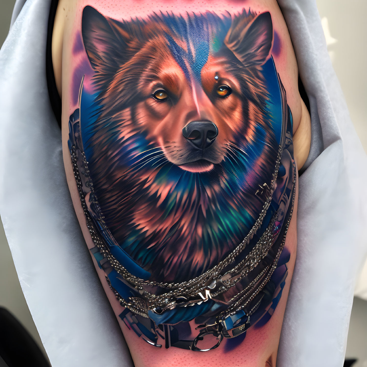 Vibrant dog face tattoo with chain collar on arm