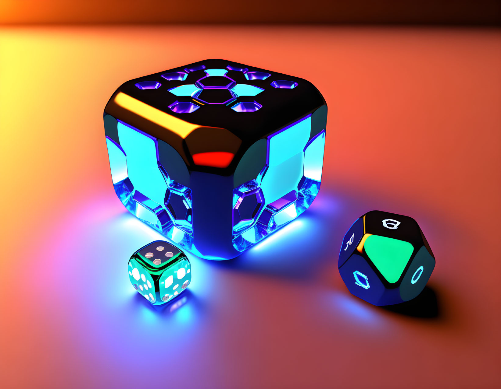 Futuristic glowing dice with hexagon patterns on neon-lit surface