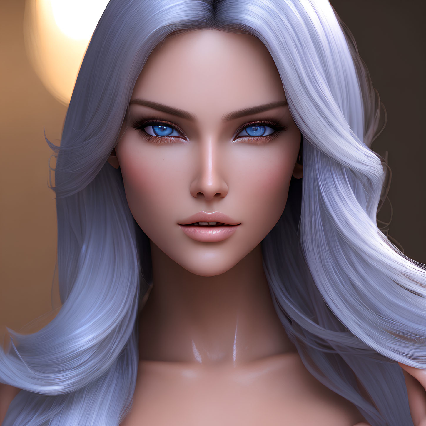 Digital portrait: Woman with blue eyes, silver hair, flawless skin, subtle smile