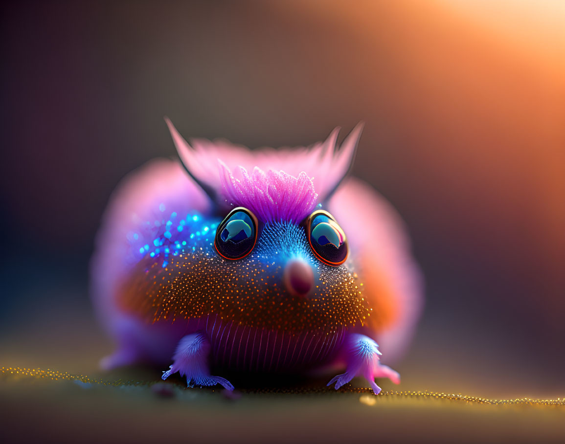 Colorful, whimsical creature with shiny eyes on dreamy background