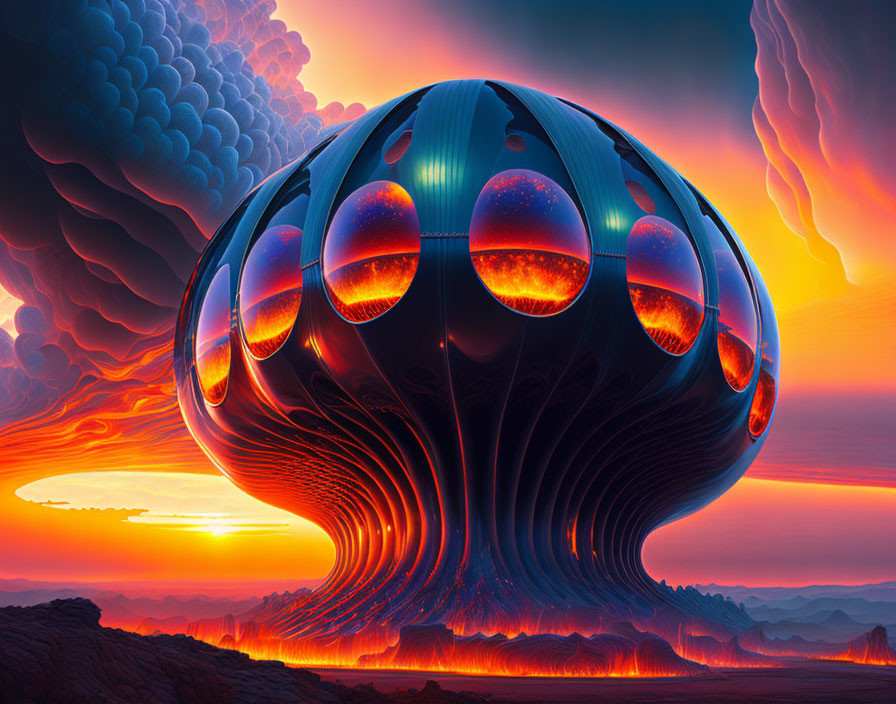 Futuristic spherical structure in surreal landscape with vibrant sky
