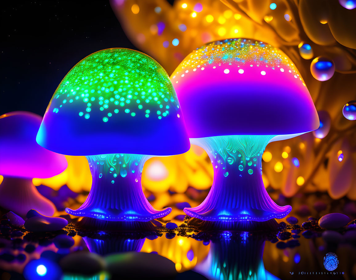 Vibrant glowing mushrooms in neon colors on dark backdrop with illuminated pebbles