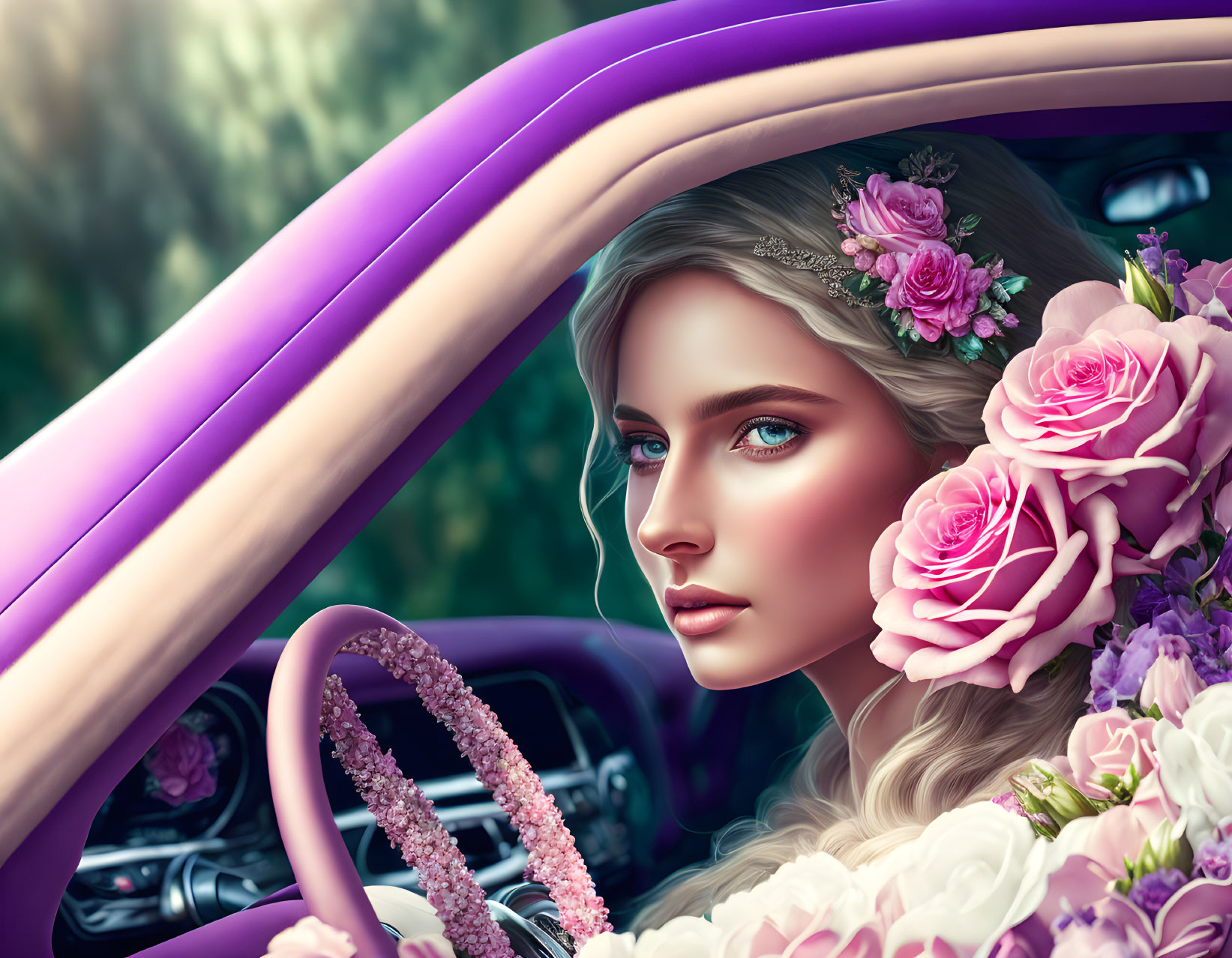 Woman in vintage car adorned with flowers amidst lush blooms