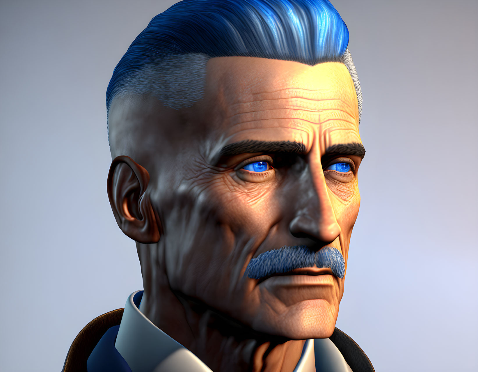 Elderly Male Character with Chiseled Jawline and Blue Hair