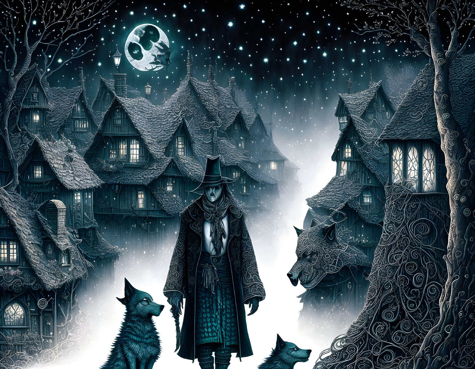 Mysterious figure in hat in snowy village with wolves under starry sky
