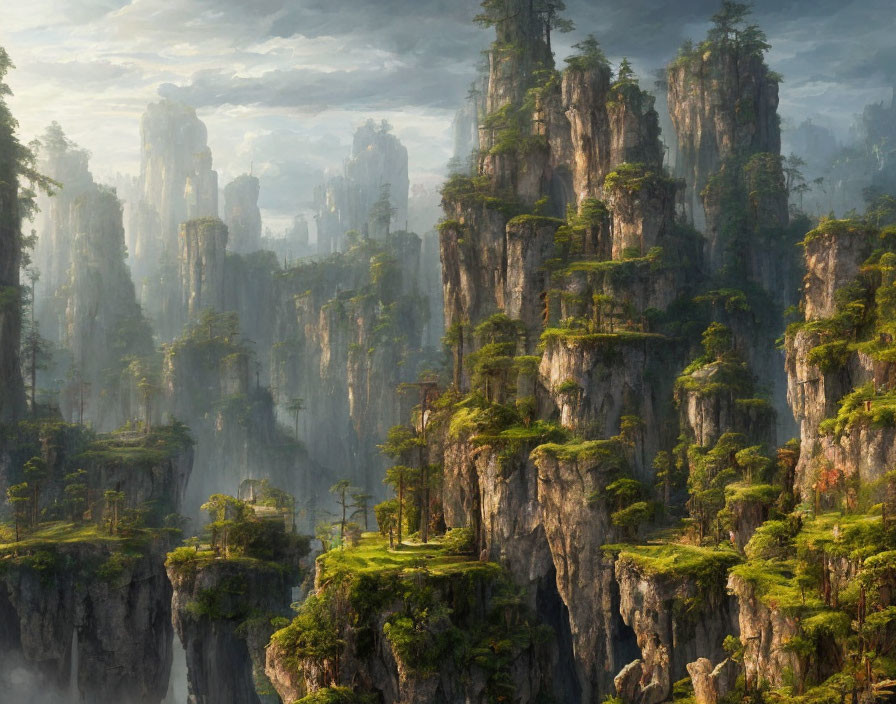 Majestic mist-covered rock formations with lush greenery - a serene landscape