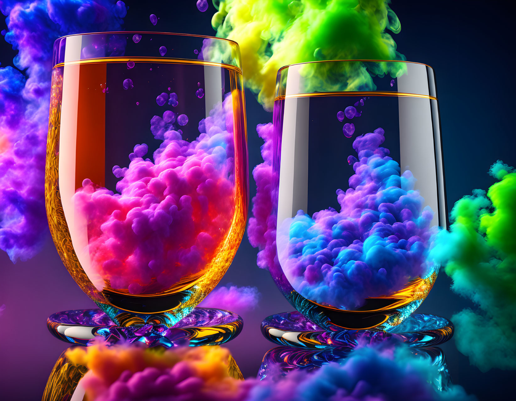 Vibrant colored smoke and bubbles in two glasses on dark background