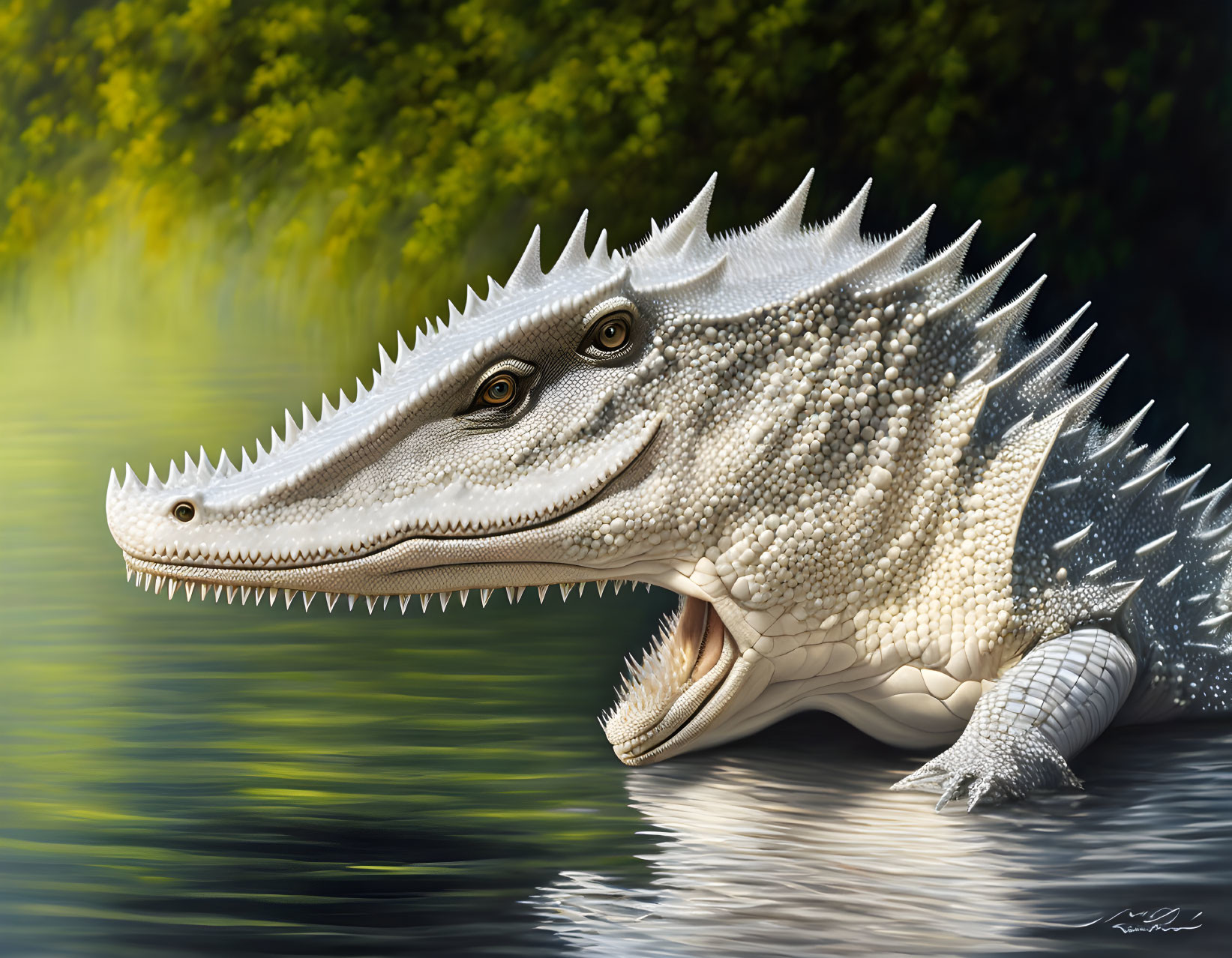 Detailed two-headed crocodile digital artwork in serene green foliage setting