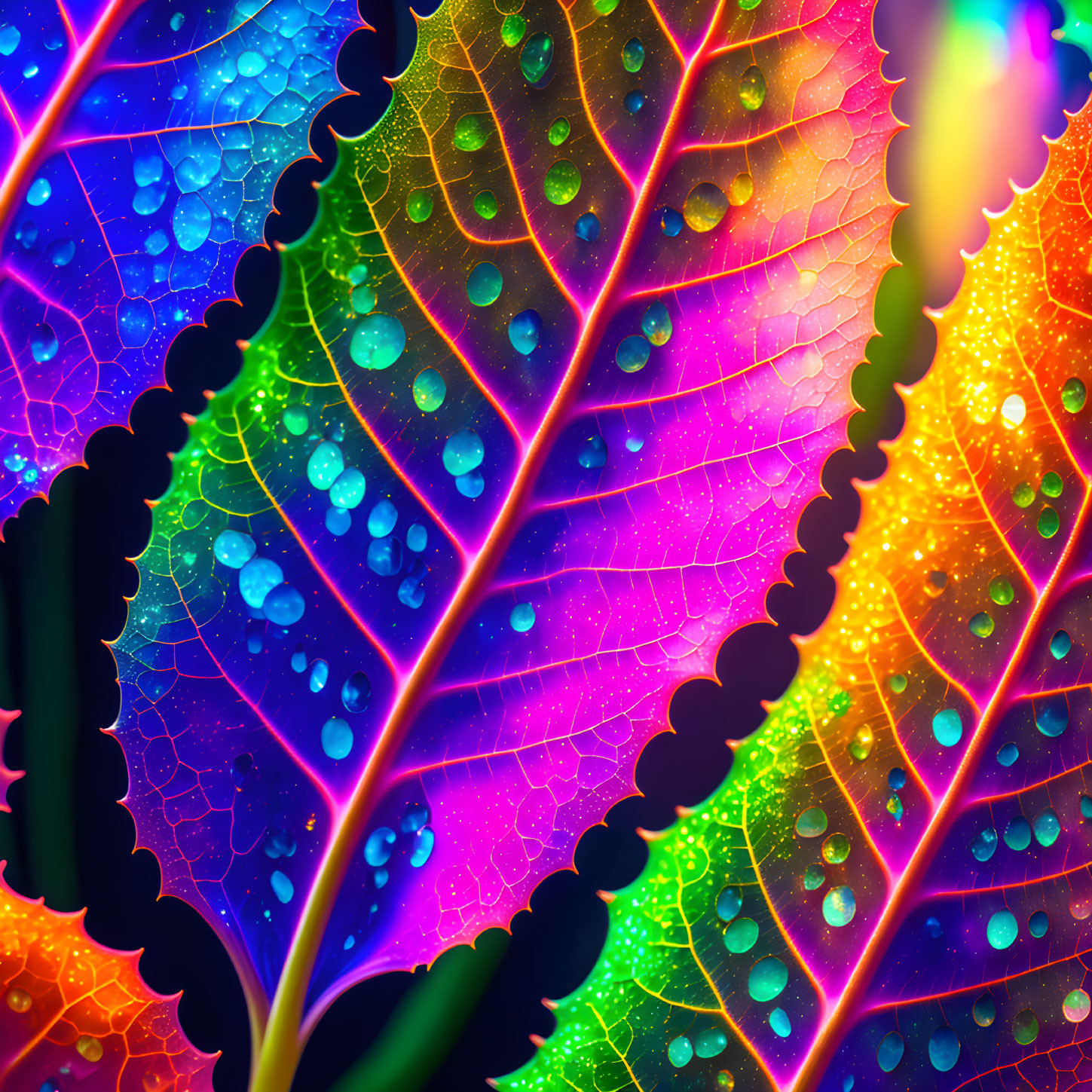 Colorful digitally-enhanced leaves with water droplets and intricate vein patterns.