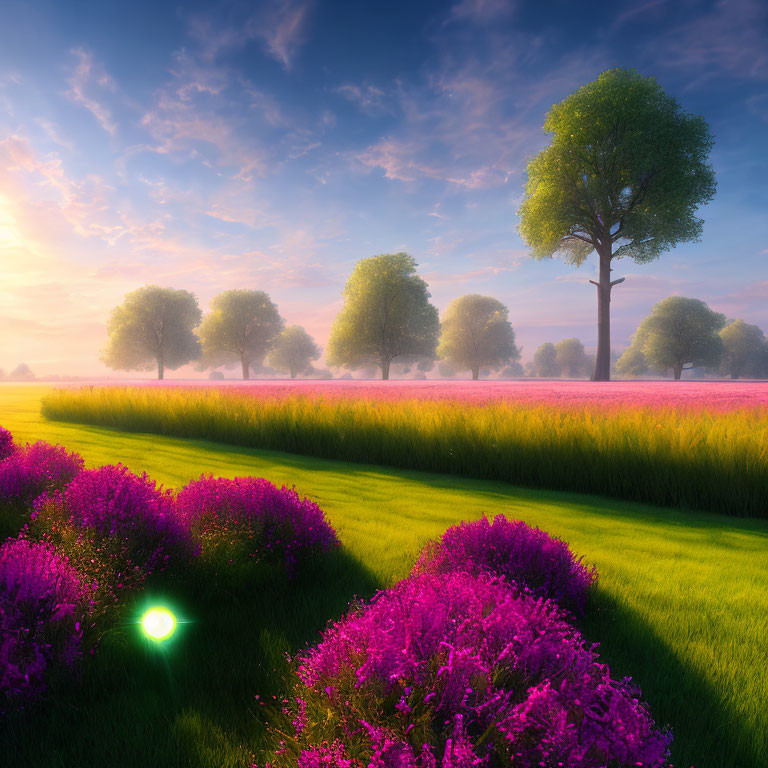 Tranquil Sunrise Landscape with Purple Flowers and Row of Trees