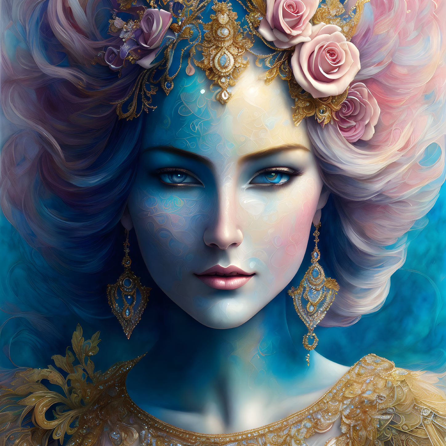 Digital Artwork: Woman with Blue Skin, Gold Jewelry, Lavender Hair & Pink Roses