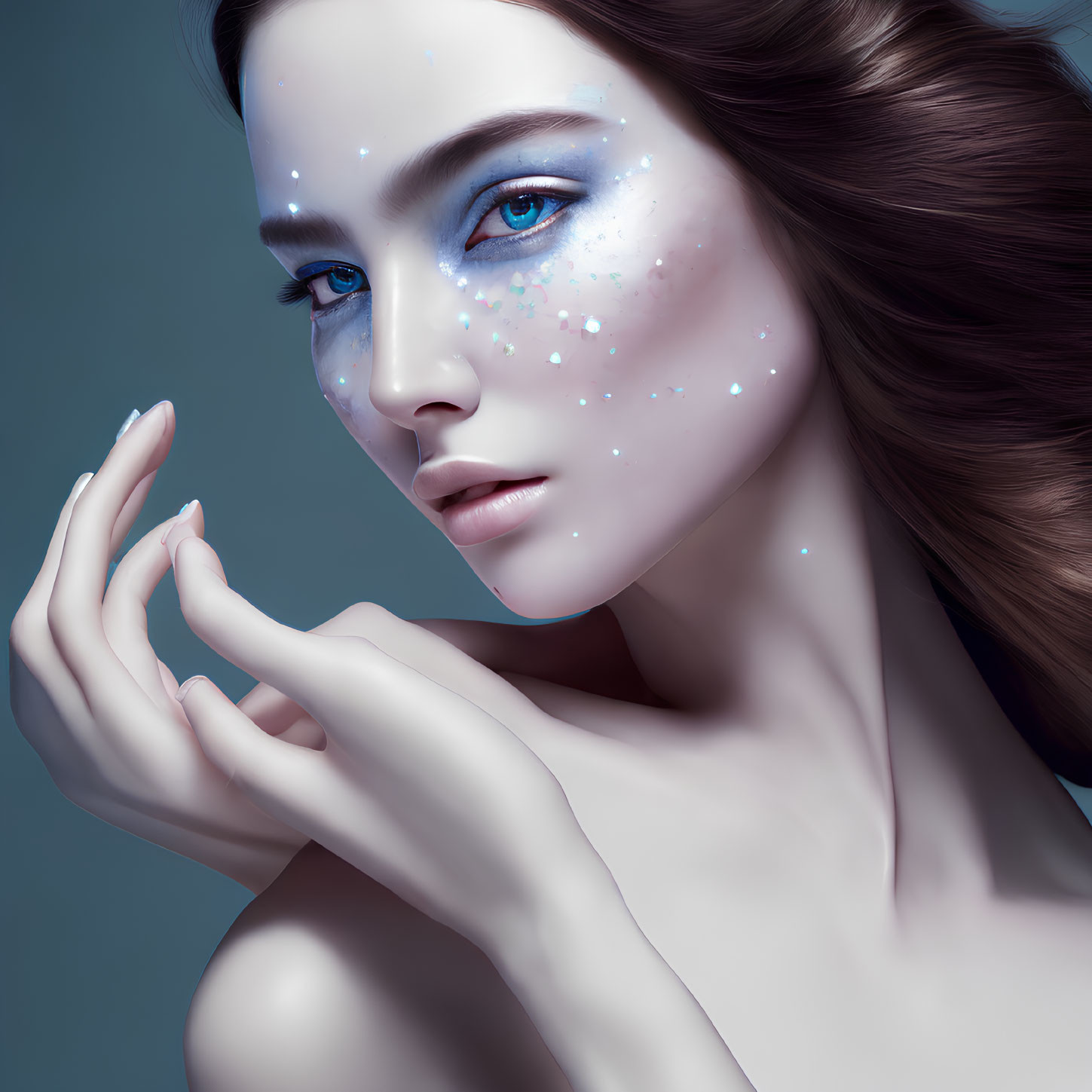 Portrait of woman with blue-themed makeup and sparkles, hands near chin