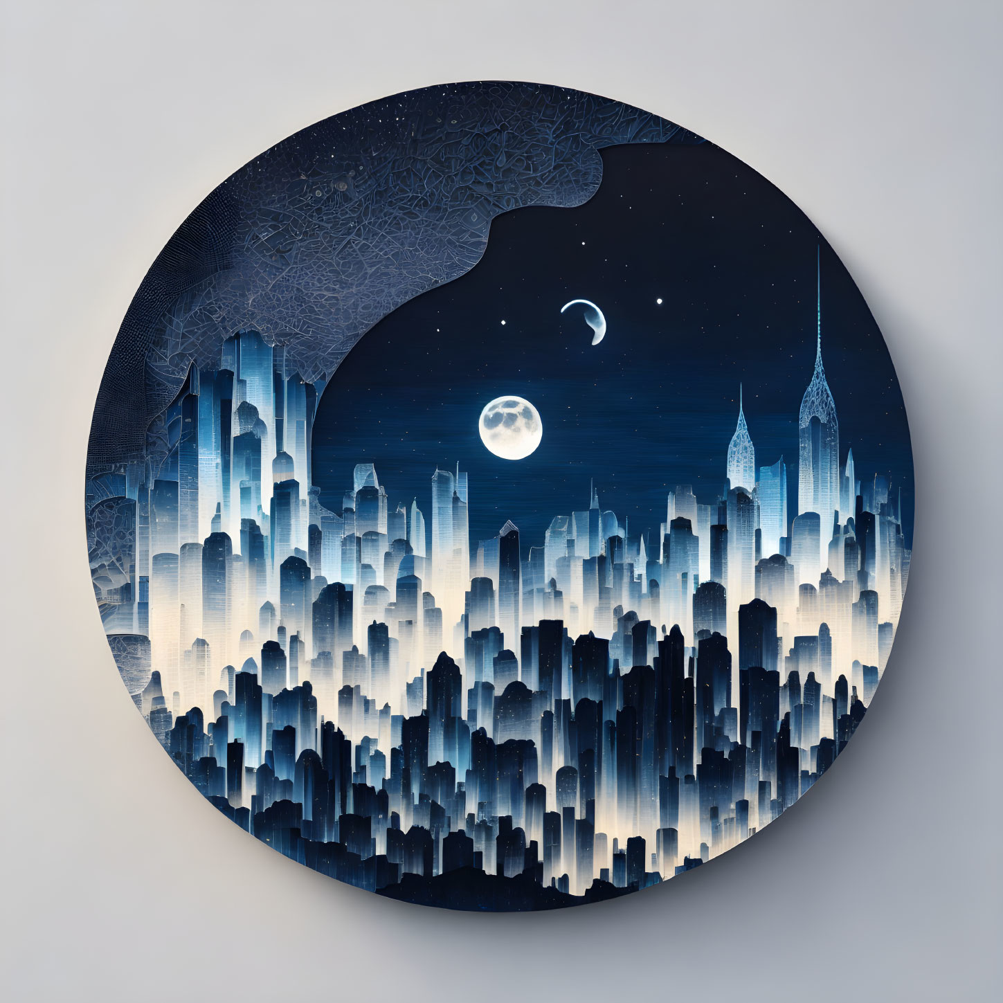 Circular art piece featuring city skyline at night with moon and stars, framed by dark sky and tree branch