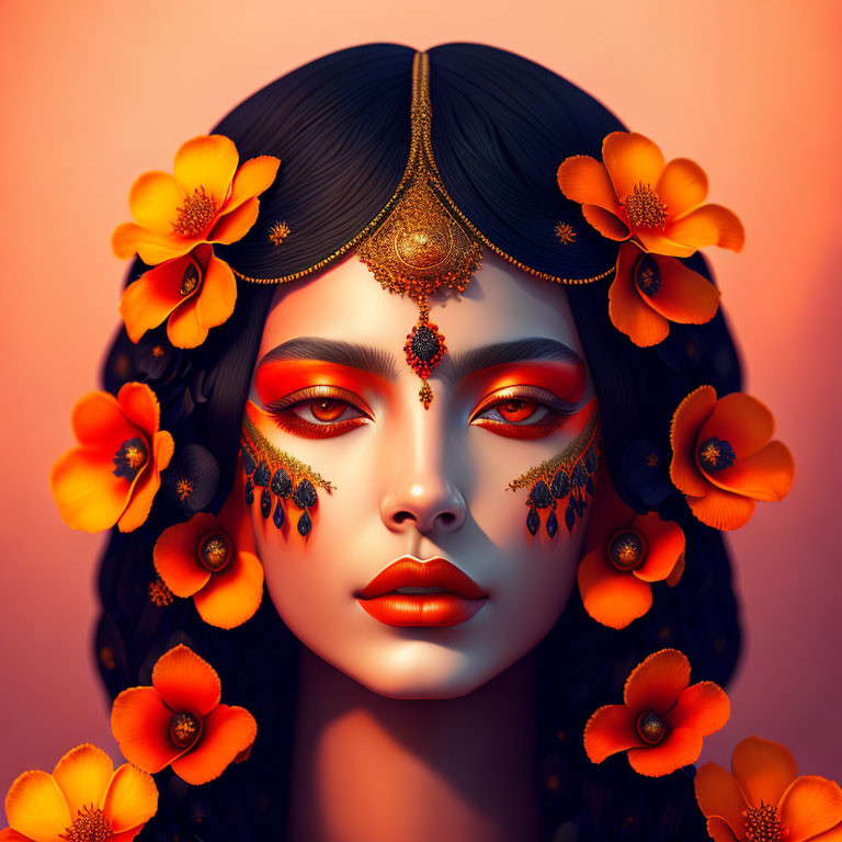 Woman with Orange Flowers and Gold Jewelry in Digital Art