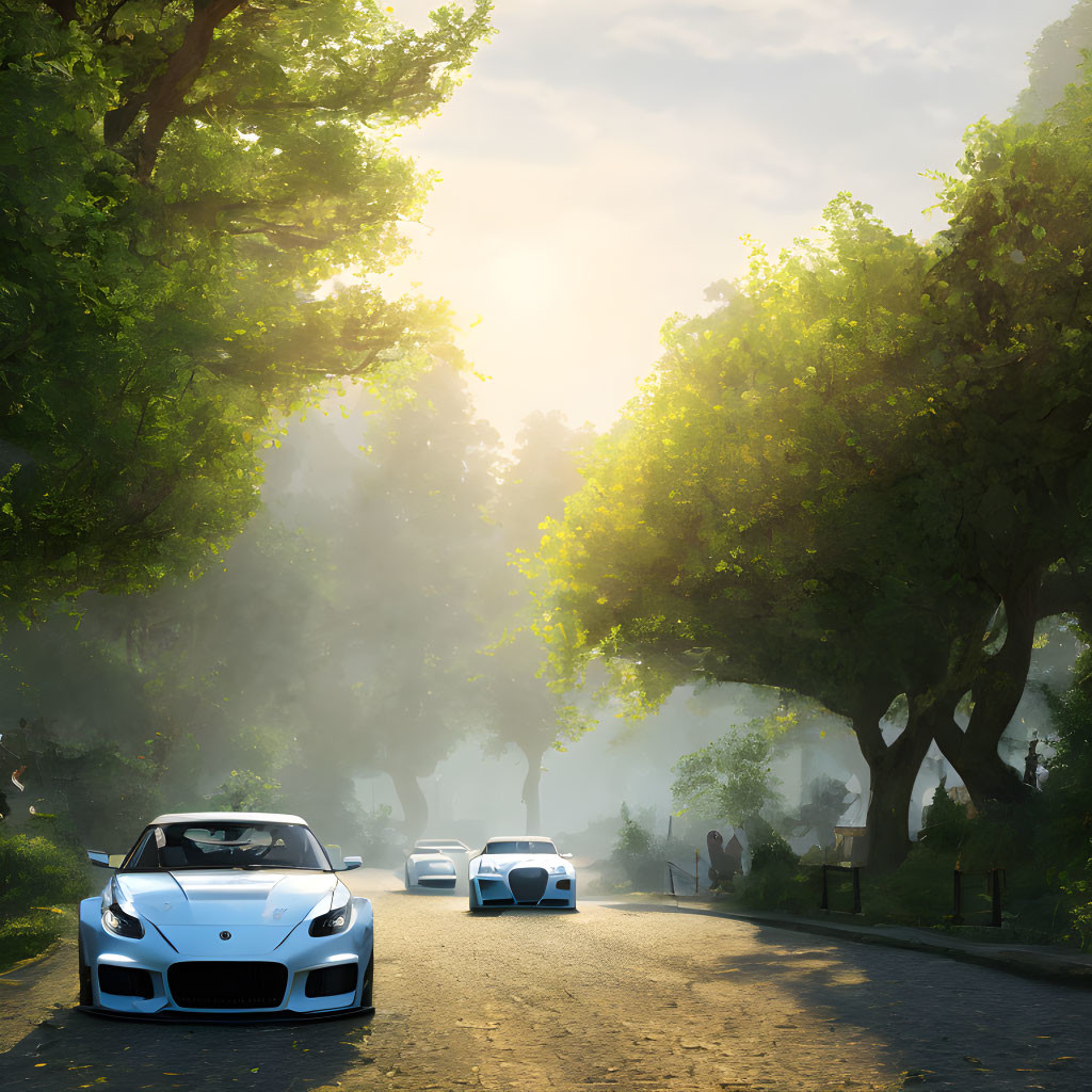 Sunrise scene on tree-lined road with sports car and mist