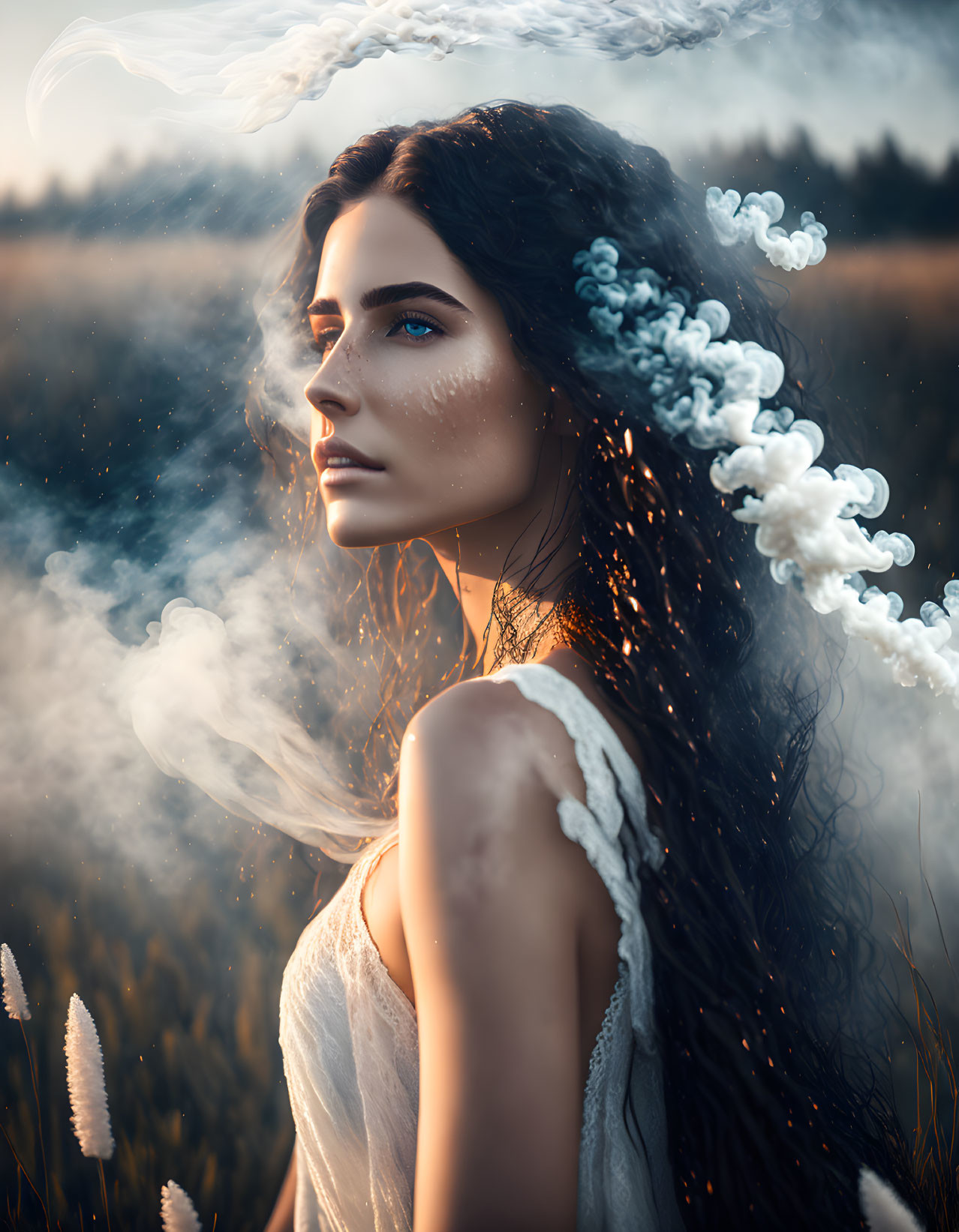 Dark-Haired Woman with Ethereal Smoke in Twilight Field