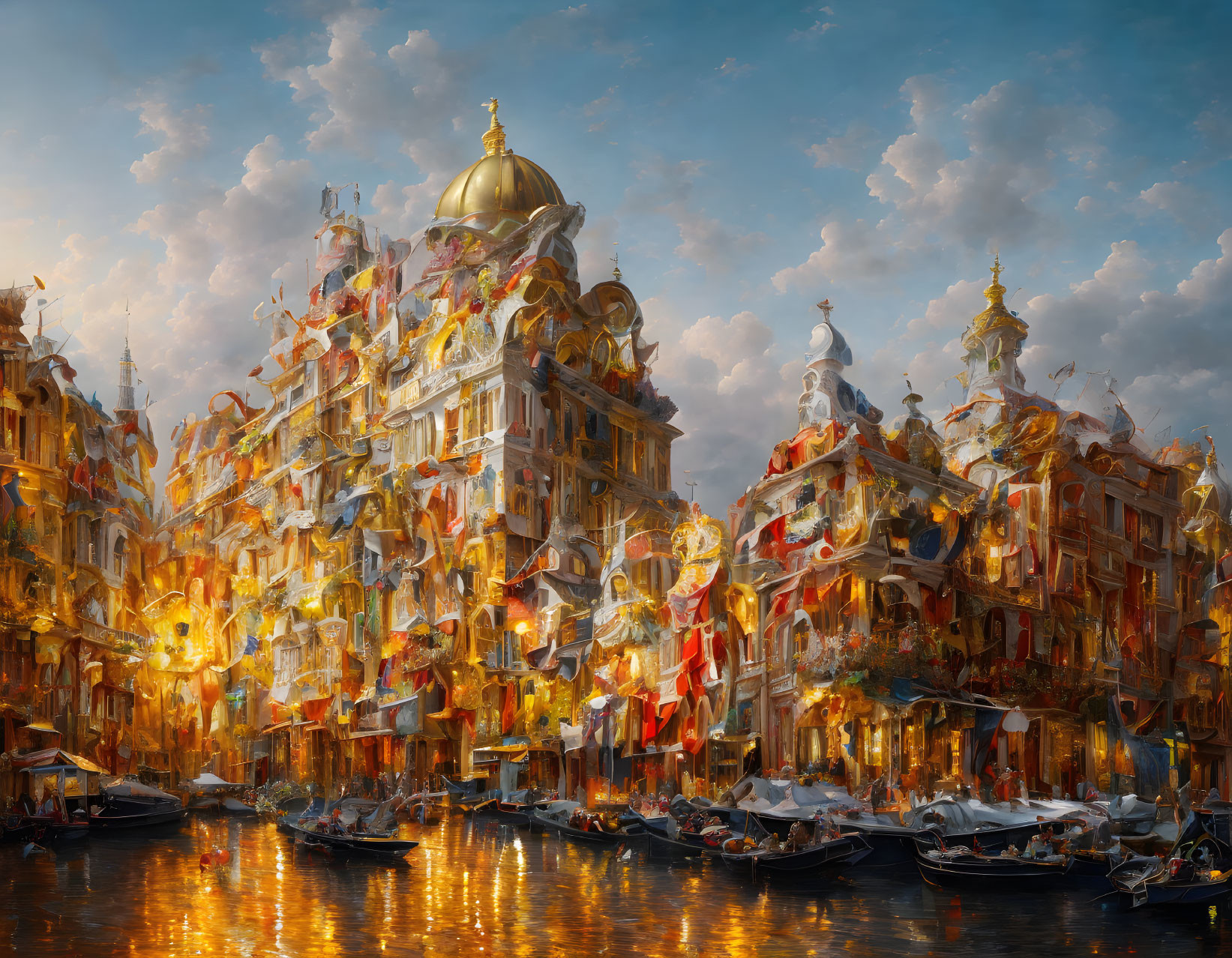Golden cityscape with ornate buildings and water canals under a warm sky