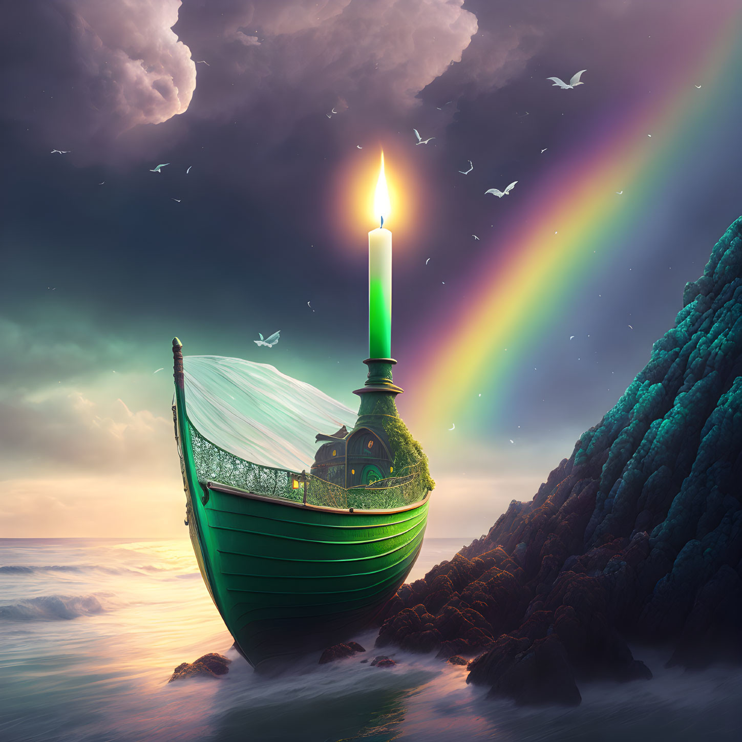 Candlelit boat by the sea with rainbow and birds