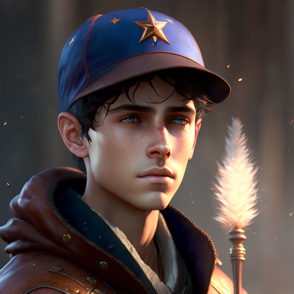 Young male digital portrait with brown hair, blue eyes, star-embellished cap, brown jacket