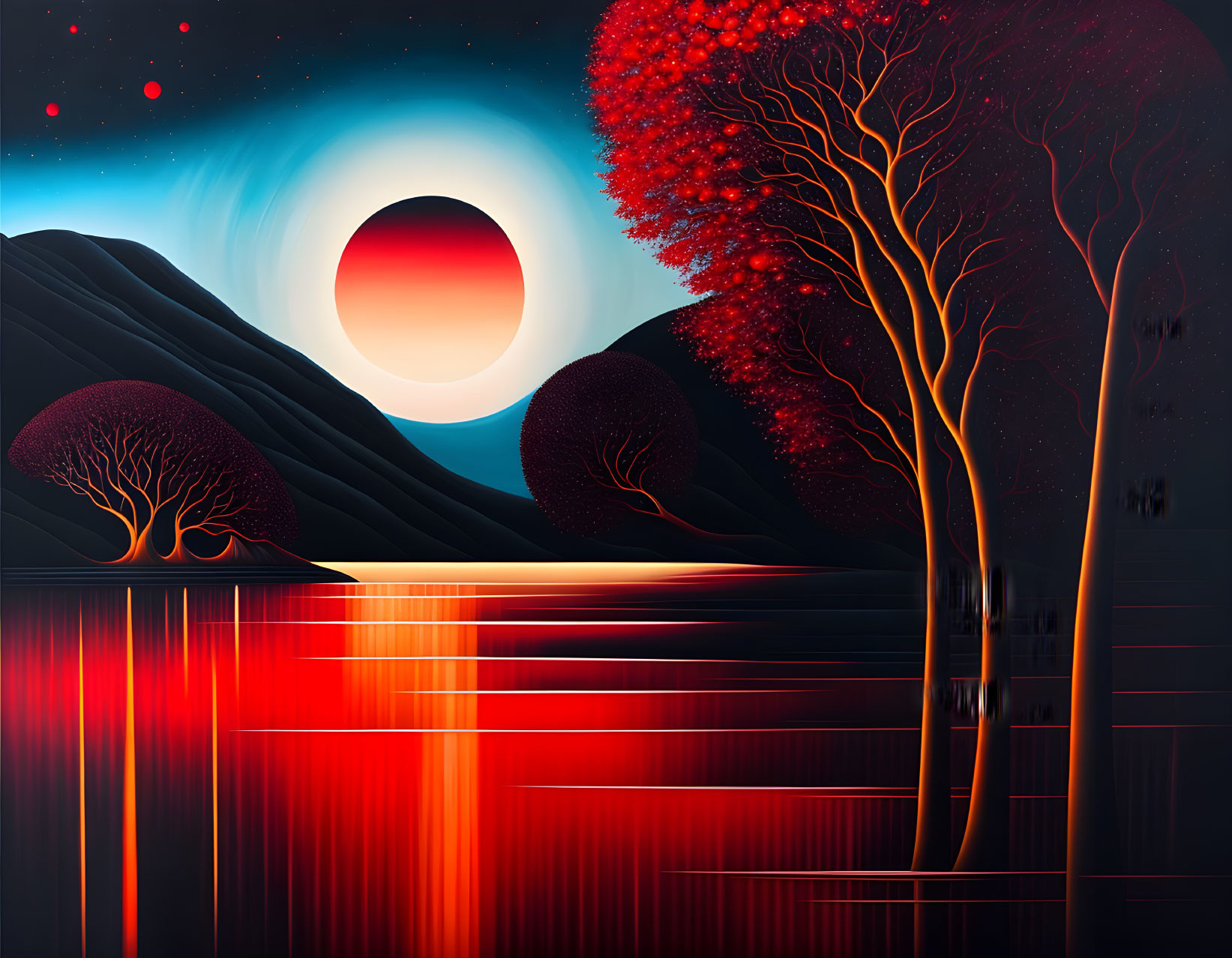 Surreal landscape with red trees, reflecting water, hills, and celestial bodies in red and blue