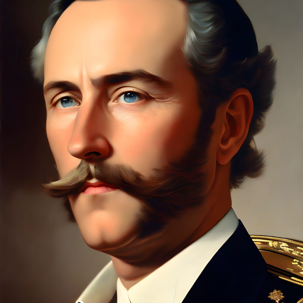 Styled mustache man in military uniform with epaulettes.