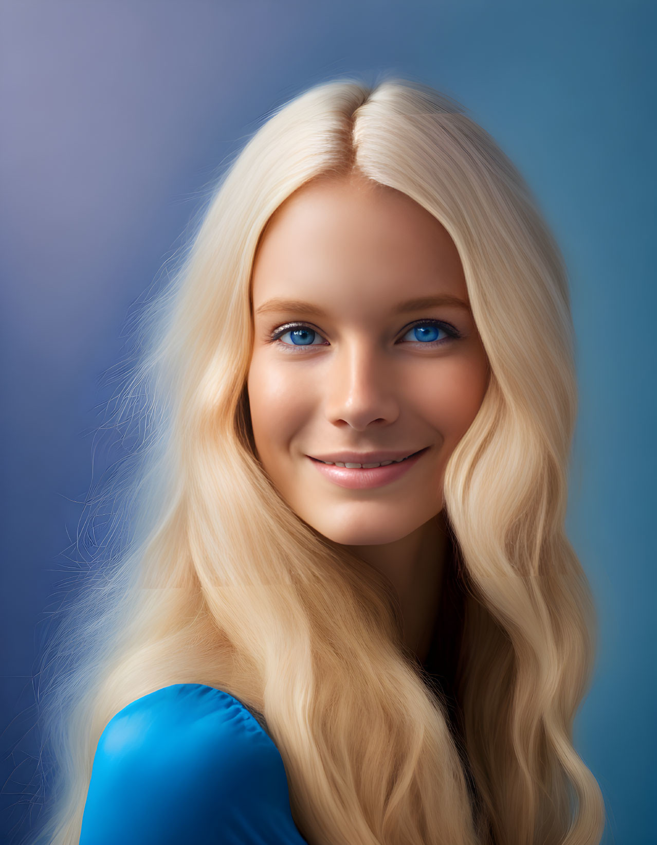 Blonde woman with blue eyes and top on blue background