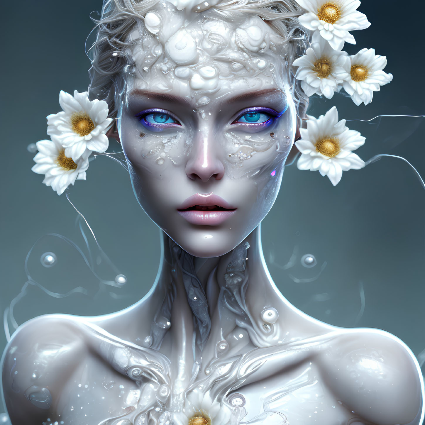 Fantasy digital art of porcelain-skinned female with blue eyes and floral adornments