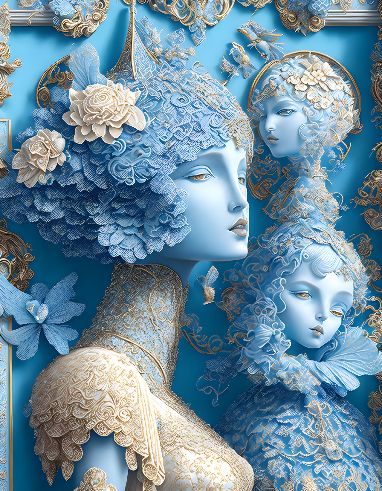 Digital artwork: Three figures in ornate blue and gold with porcelain-like details and floral motifs