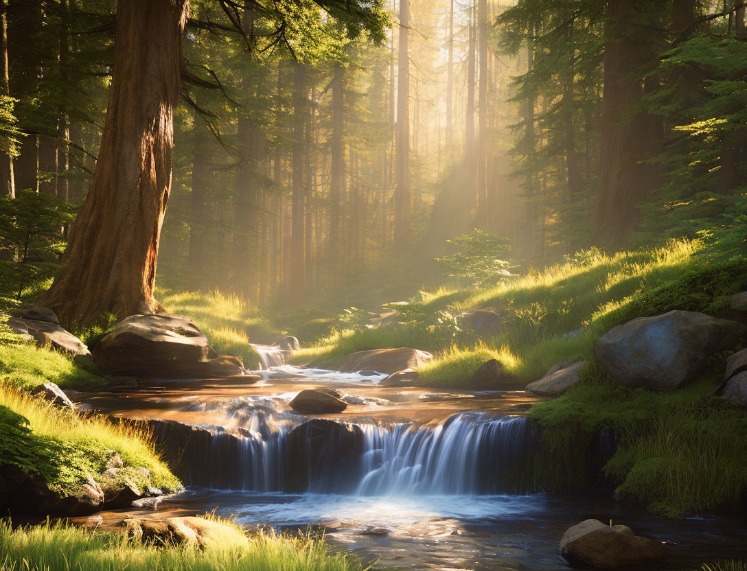 Tranquil forest with cascading stream and sunlight filtering through trees