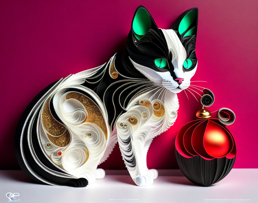 Artistic black and white cat with swirl patterns and green eyes beside red spherical object