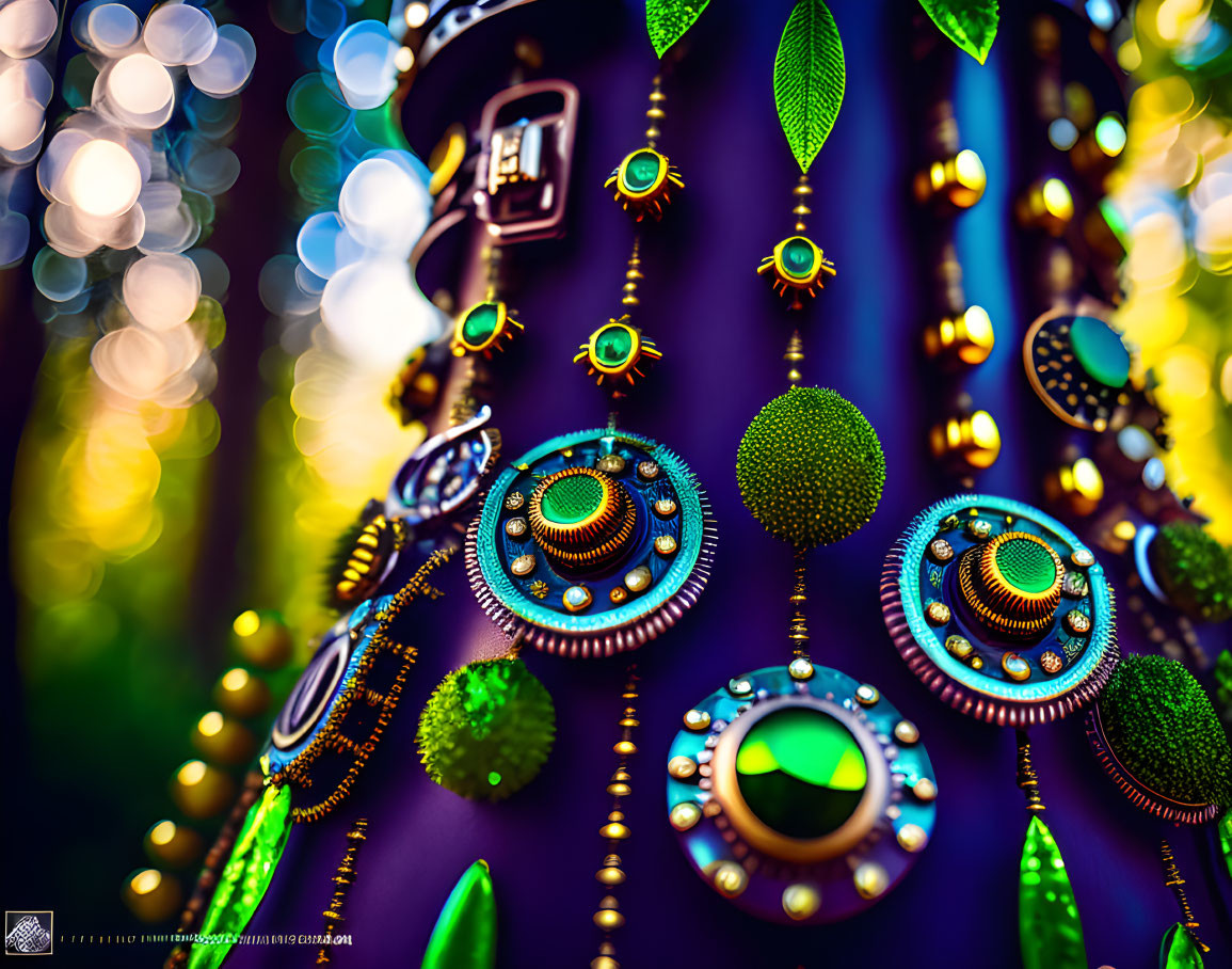 Luxurious green gemstone jewelry on vibrant bokeh background