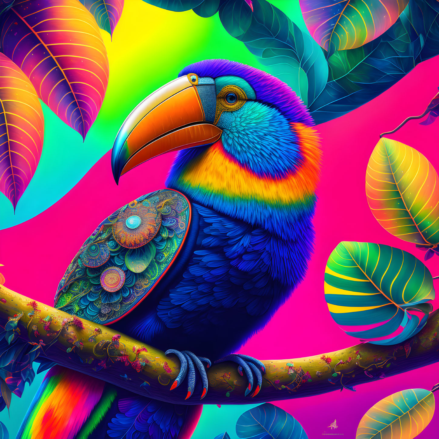 Colorful Toucan Artwork with Rainbow Palette and Kaleidoscope Leaves