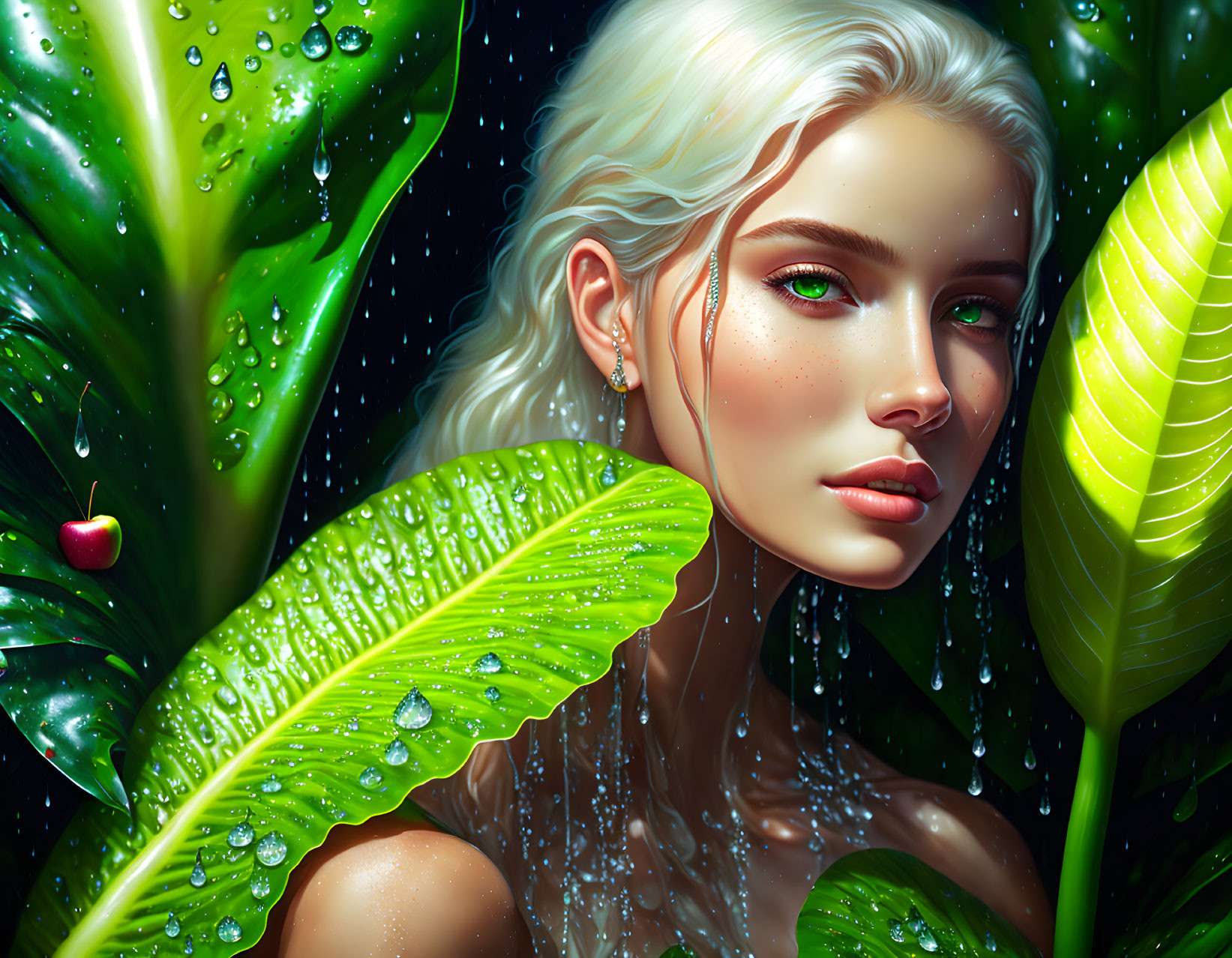 Platinum blonde woman portrait with green eyes in nature setting