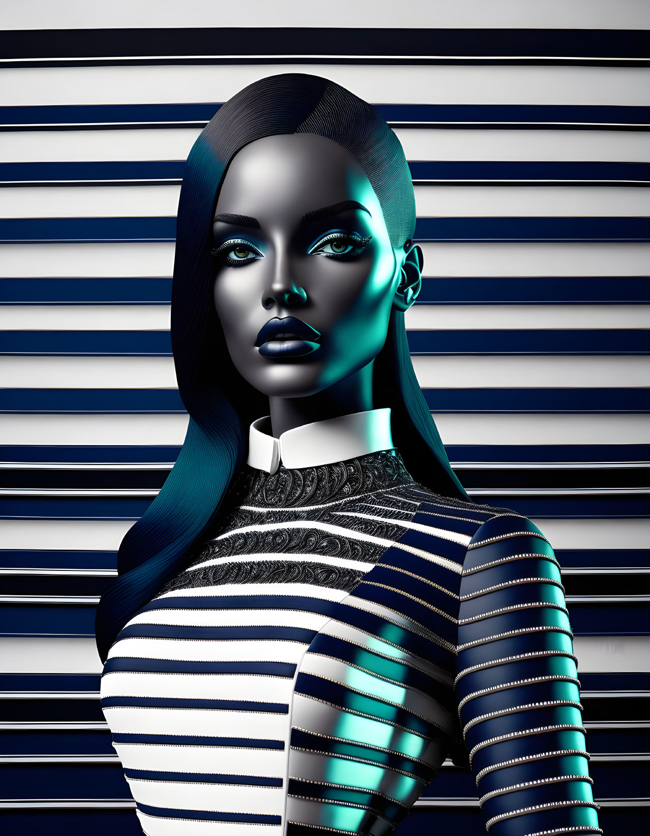 Blue-skinned woman with futuristic makeup and black hair in 3D digital art