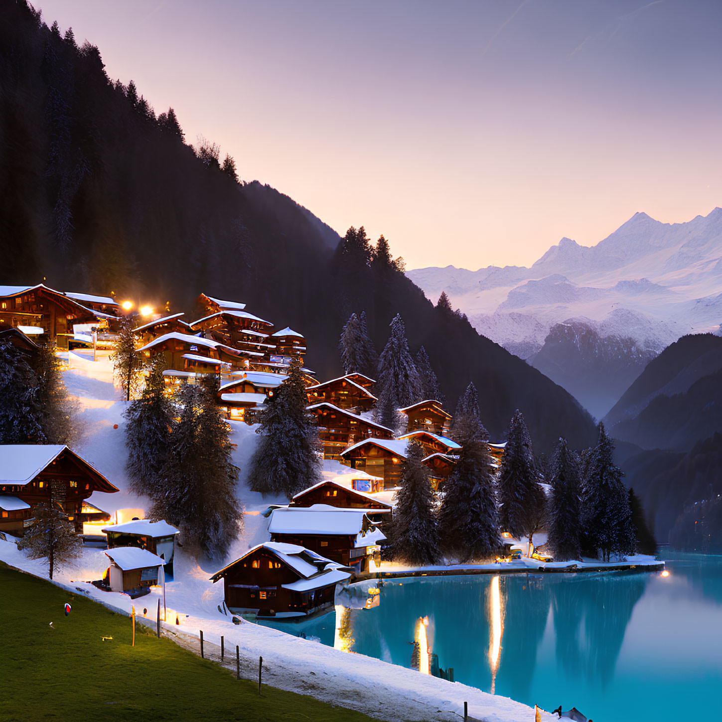 Snow-covered mountain village at twilight with glowing chalet lights reflected on lake