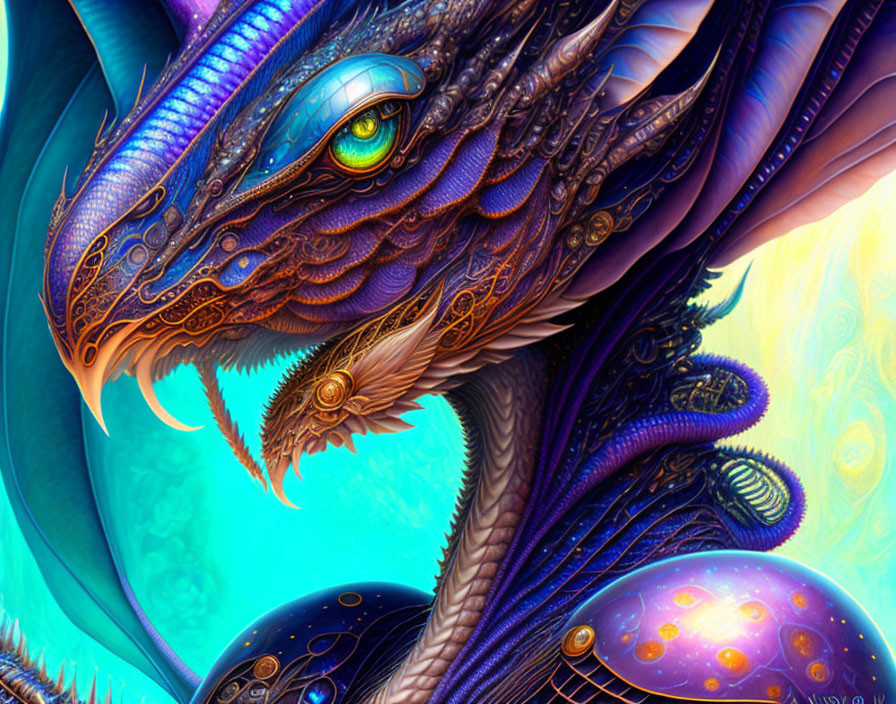 Blue dragon digital artwork with intricate golden patterns and cosmic orb