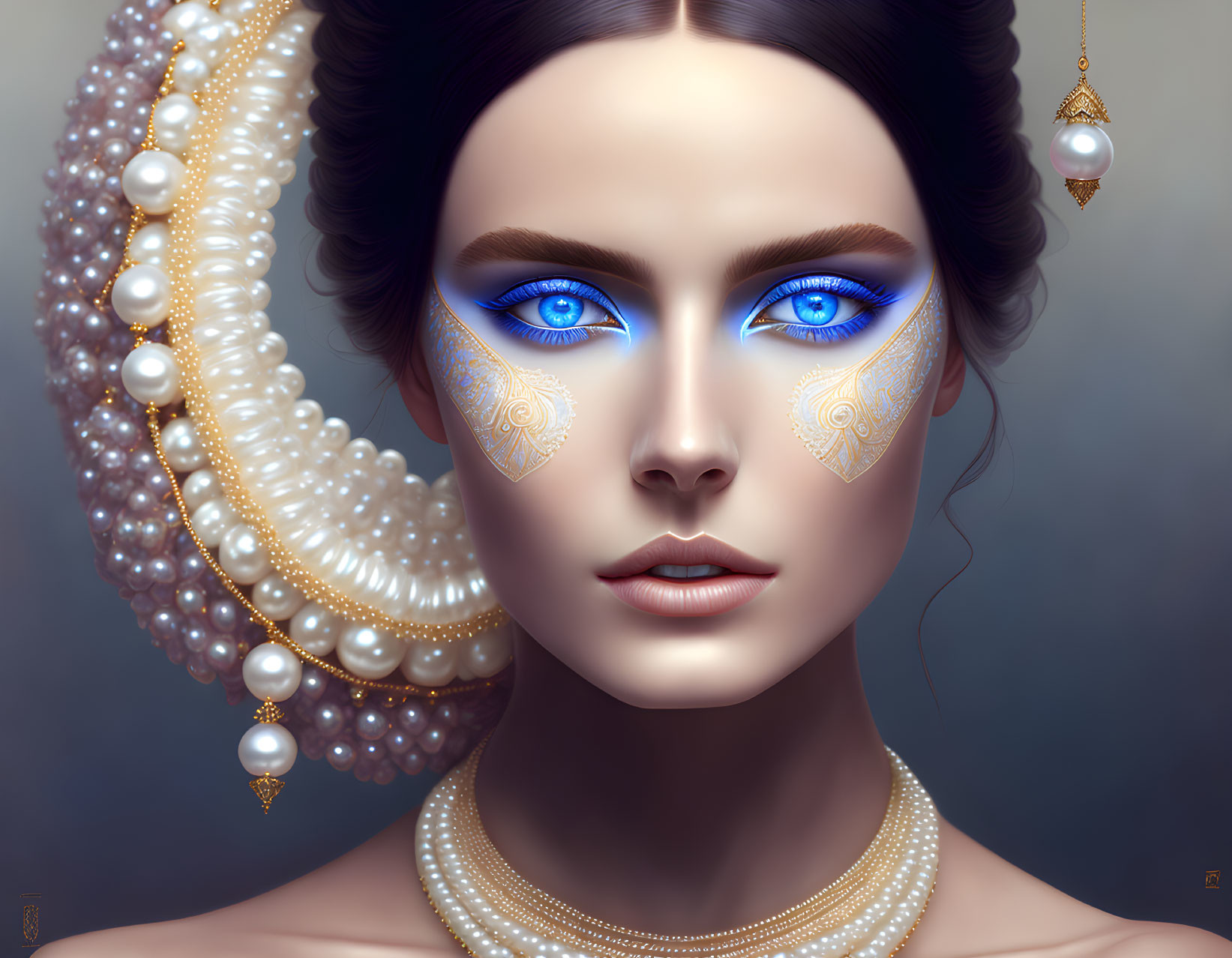 Digital portrait of a woman with blue eyes, gold patterns, pearls, and elegant hairstyle