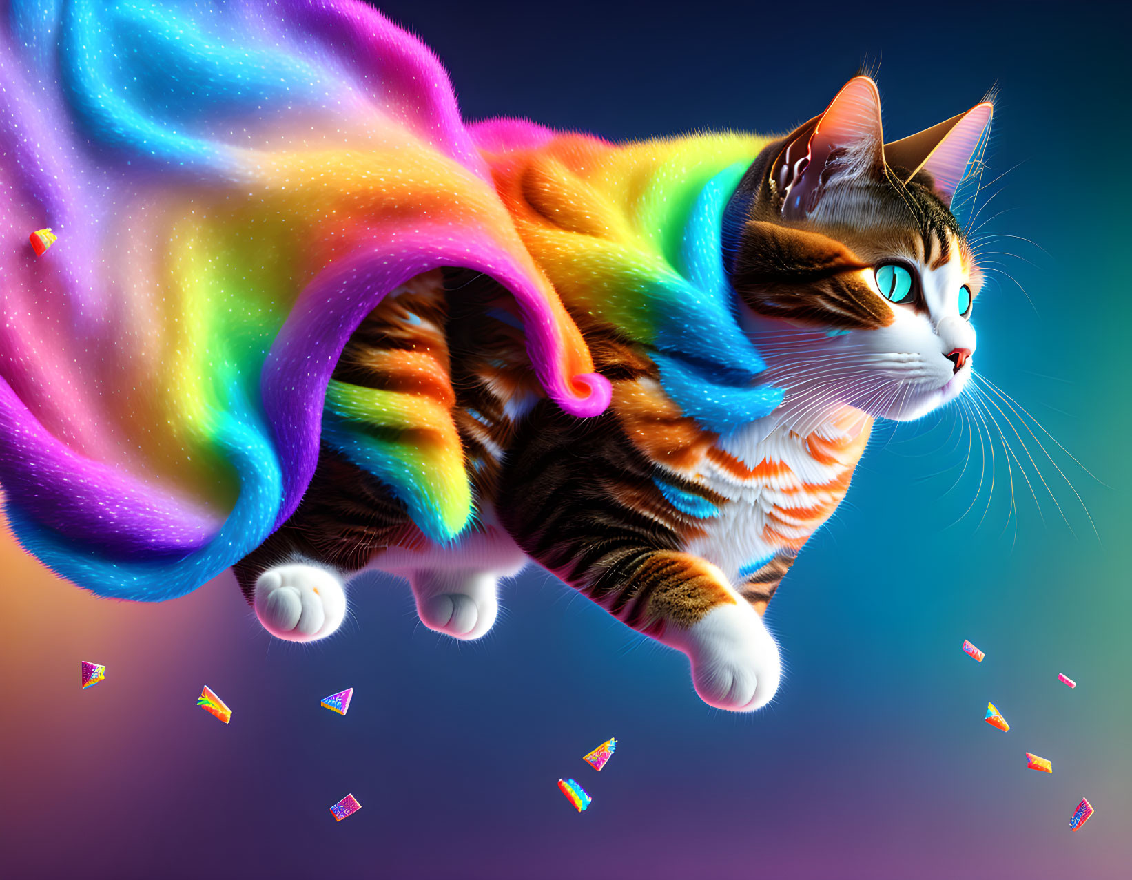 Colorful Cat in Rainbow Cape Soaring on Blue-Purple Background