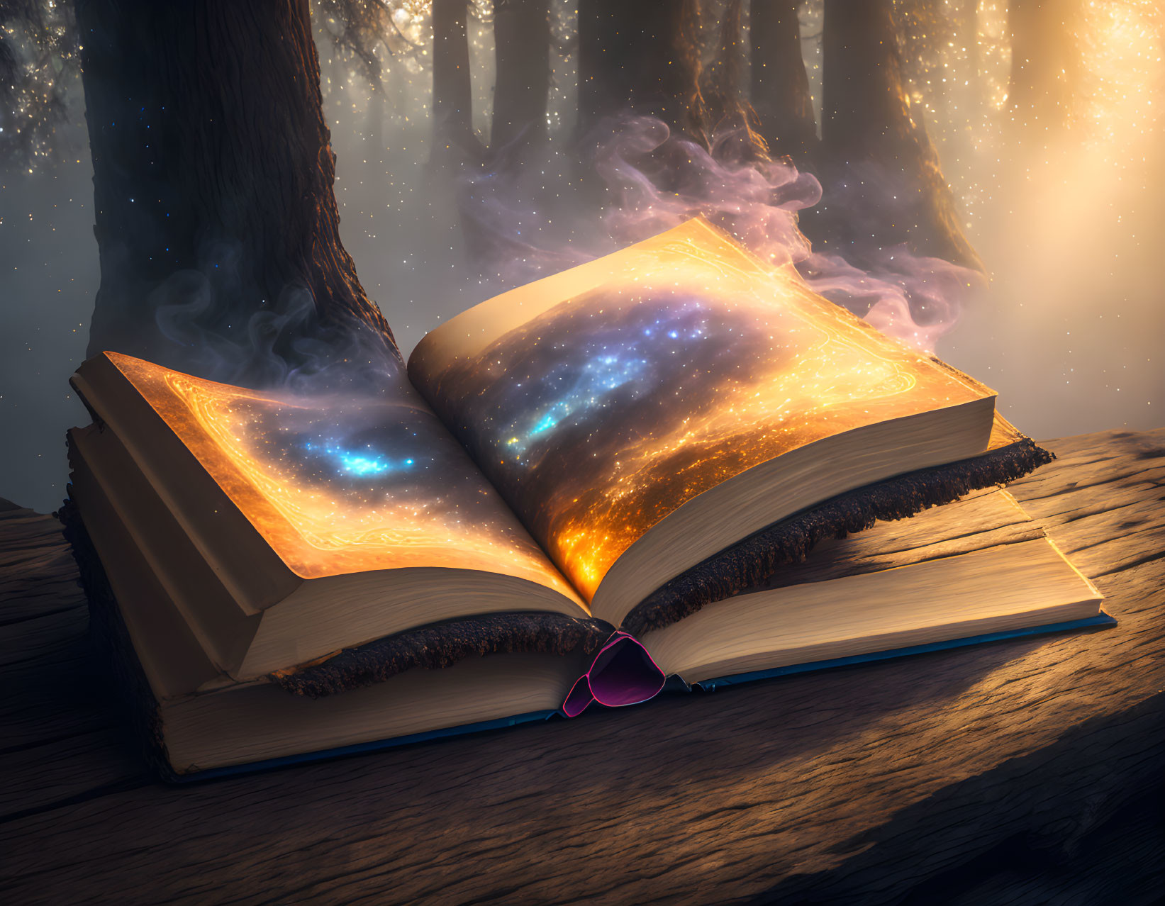 Open book with glowing pages on wooden surface emitting cosmic energy in mystical forest.